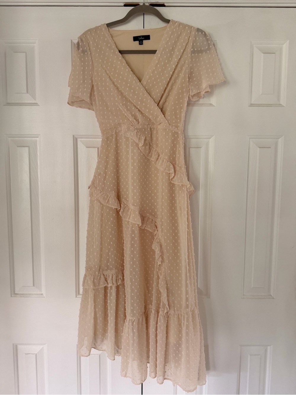 Lulu’s Next to You Cream Swiss Dot Ruffled Midi Dress